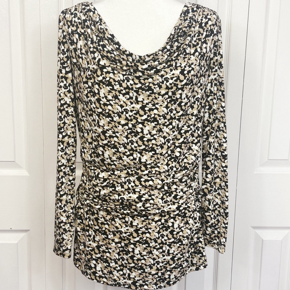 NWT Adrianna Papell Black & Ivory Print Knit Ruched Cowl Neck Top Large